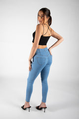 Blue Button Detail High Waist Skinny Jeans