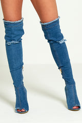 Mid Denim Ripped Thigh Boots
