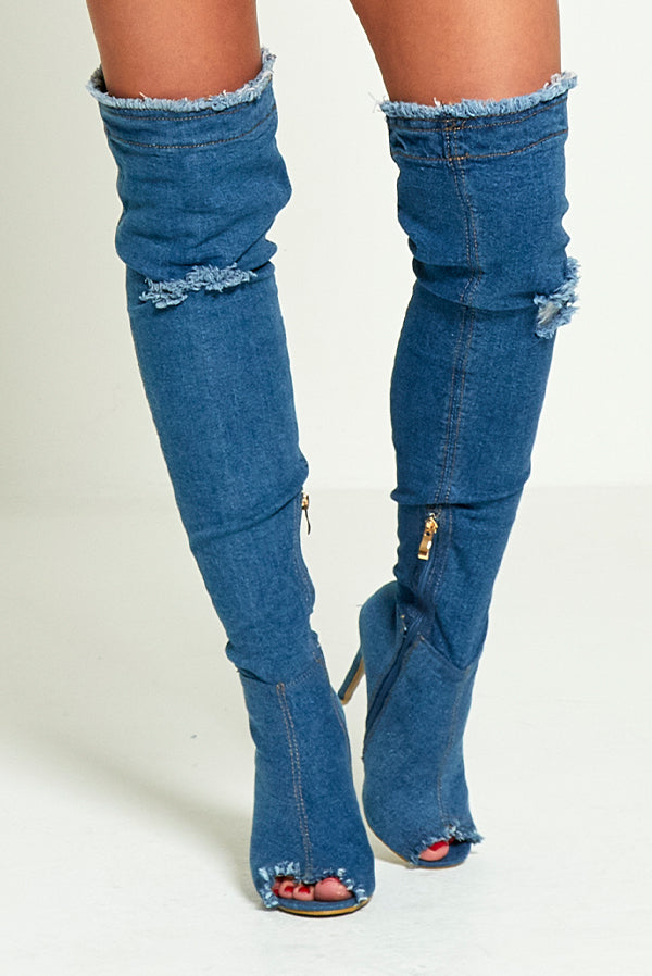 Mid Denim Ripped Thigh Boots