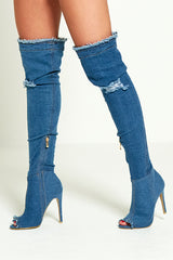 Mid Denim Ripped Thigh Boots
