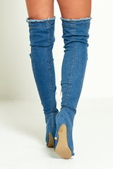 Mid Denim Ripped Thigh Boots