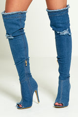 Mid Denim Ripped Thigh Boots