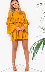 Mustard Pleated Ruffle Mini Dress