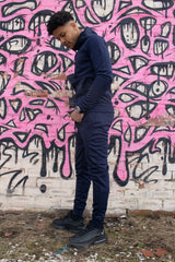 Mens Navy Multi Zip Muscle Fit Hooded Tracksuit