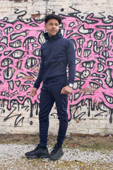 Mens Navy Multi Zip Muscle Fit Hooded Tracksuit