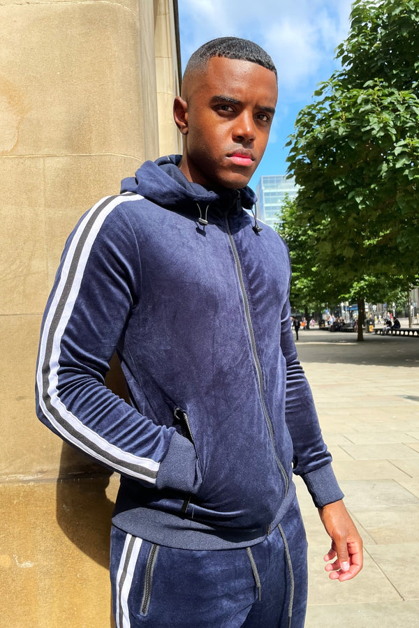 Navy Velvet Twin Side Stripe Hooded Skinny Tracksuit