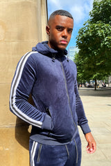 Navy Velvet Twin Side Stripe Hooded Skinny Tracksuit