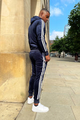 Navy Velvet Twin Side Stripe Hooded Skinny Tracksuit