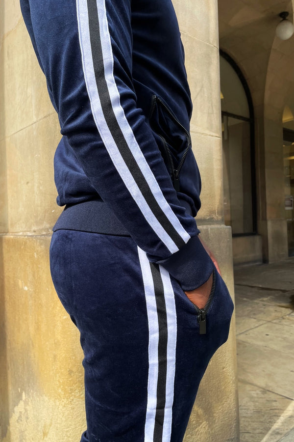 Navy Velvet Twin Side Stripe Hooded Skinny Tracksuit