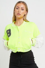 Neon Green Contrast Sleeve Hooded Varsity Jacket