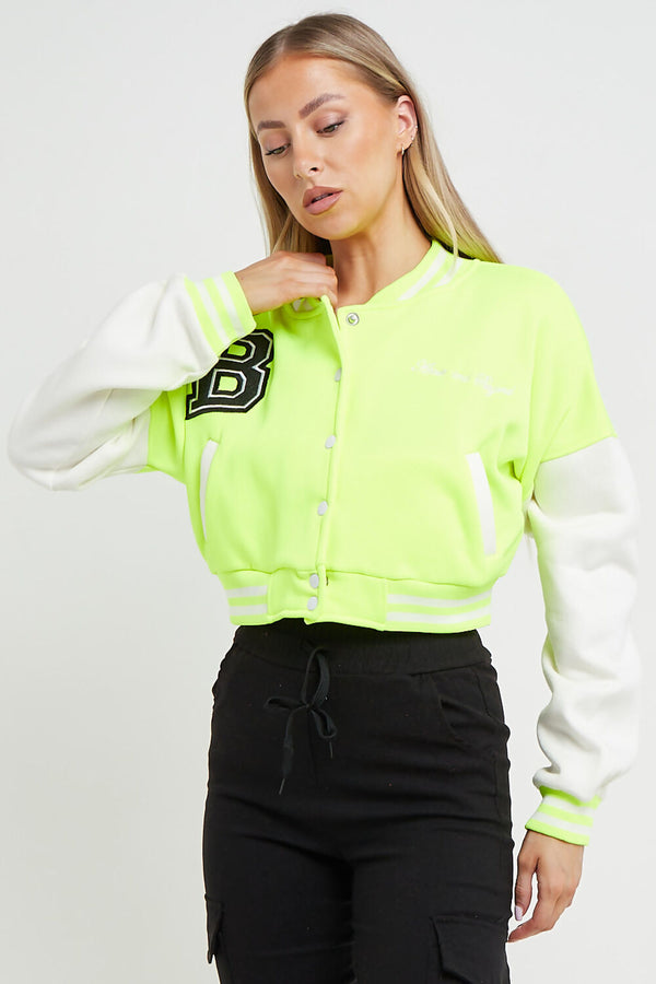 Neon Green Contrast Sleeve Hooded Varsity Jacket