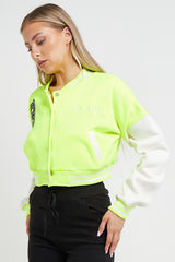 Neon Green Contrast Sleeve Hooded Varsity Jacket