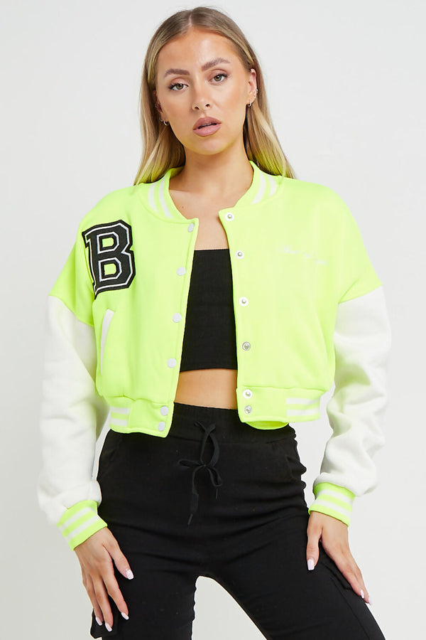 Neon Green Contrast Sleeve Hooded Varsity Jacket
