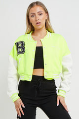 Neon Green Contrast Sleeve Hooded Varsity Jacket