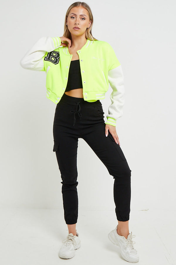 Neon Green Contrast Sleeve Hooded Varsity Jacket