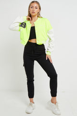 Neon Green Contrast Sleeve Hooded Varsity Jacket