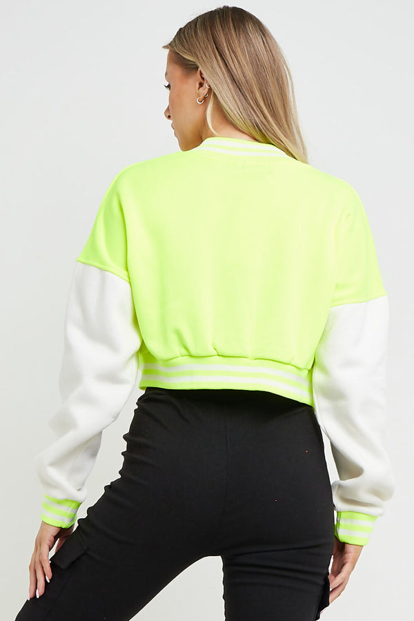 Neon Green Contrast Sleeve Hooded Varsity Jacket