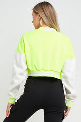 Neon Green Contrast Sleeve Hooded Varsity Jacket
