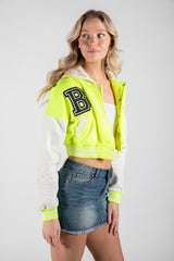 Neon Green Hooded Contrast Sleeve Letter A Varsity Jacket