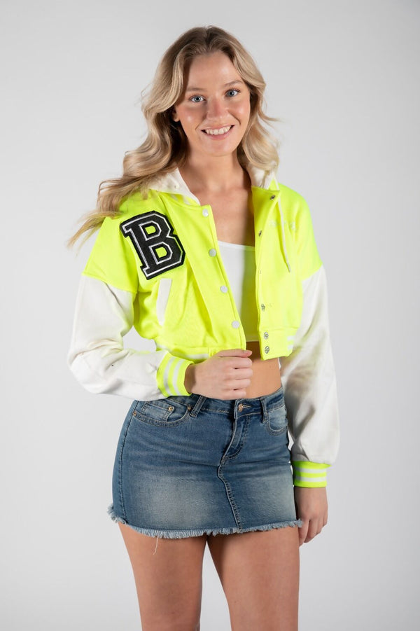 Neon Green Hooded Contrast Sleeve Letter A Varsity Jacket