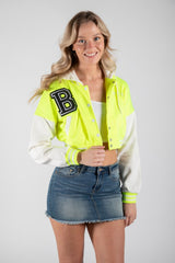 Neon Green Hooded Contrast Sleeve Letter A Varsity Jacket