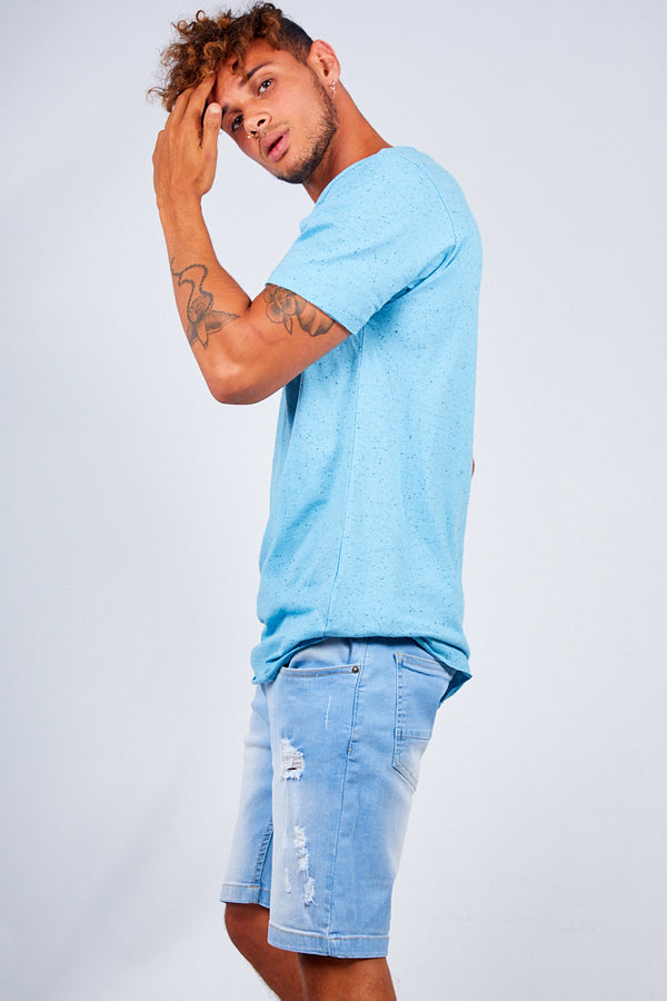 Mens Blue Speckled Nep Crew Neck T-Shirt