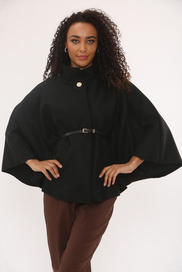 Black Wool Blend Cape Coat With Belt