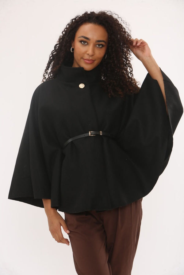 Black Wool Blend Cape Coat With Belt