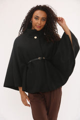 Black Wool Blend Cape Coat With Belt