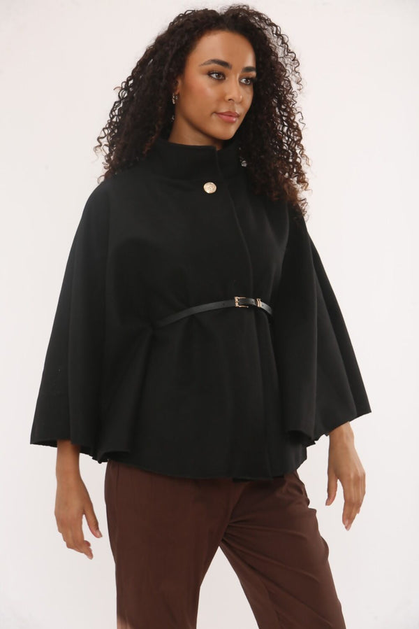 Black Wool Blend Cape Coat With Belt