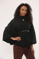 Black Wool Blend Cape Coat With Belt