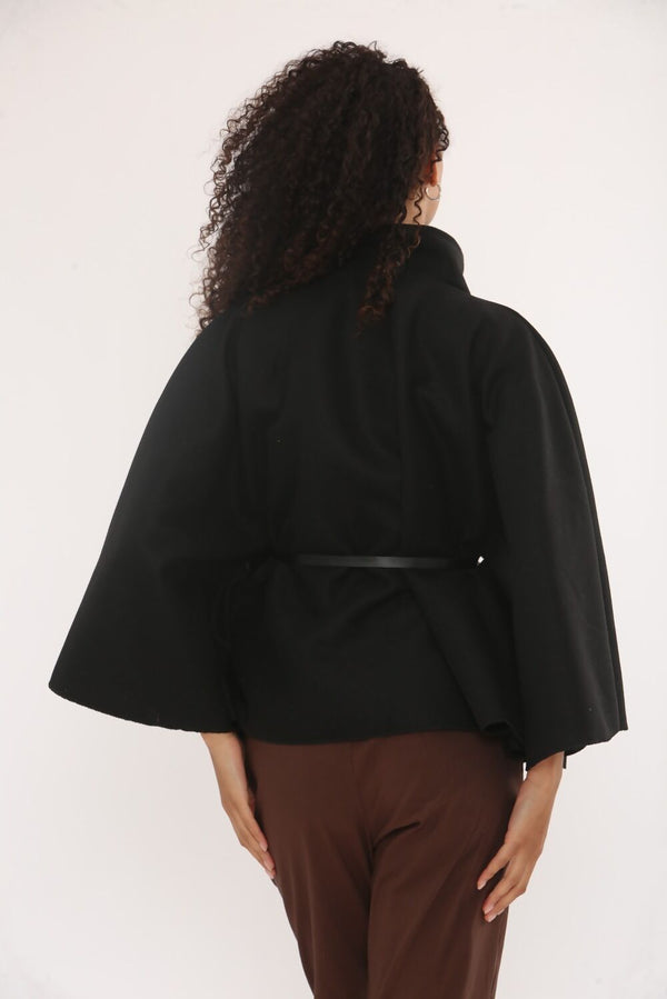 Black Wool Blend Cape Coat With Belt