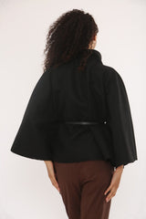 Black Wool Blend Cape Coat With Belt