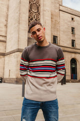Mens Grey Multi Stripe Panel Long Sleeve Jumper