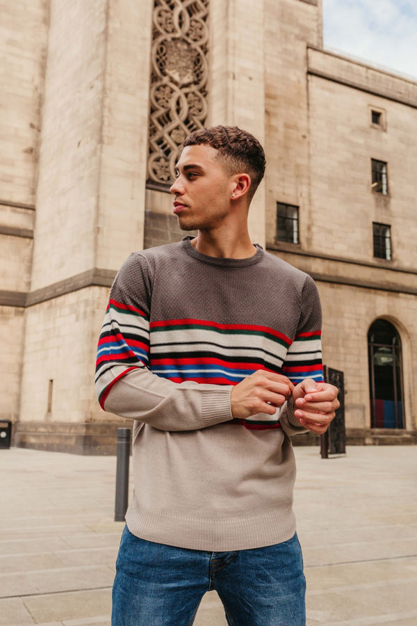 Mens Grey Multi Stripe Panel Long Sleeve Jumper