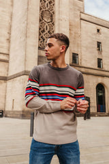 Mens Grey Multi Stripe Panel Long Sleeve Jumper