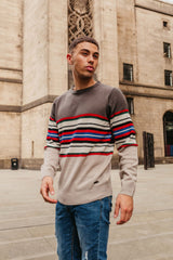 Mens Grey Multi Stripe Panel Long Sleeve Jumper