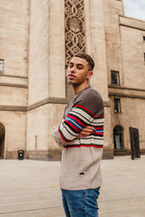Mens Grey Multi Stripe Panel Long Sleeve Jumper