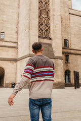 Mens Grey Multi Stripe Panel Long Sleeve Jumper