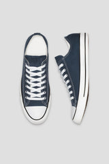 Mens Navy Lace Up Canvas Flat Trainers