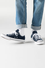 Mens Navy Lace Up Canvas Flat Trainers