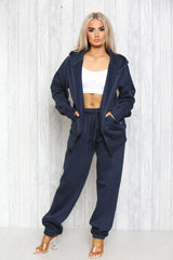 Navy Zip Up Hoodie With Cuffed Jogger Set