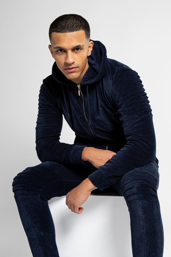 Mens Navy Velvet Biker Ribbed Padding Skinny Fit Tracksuit