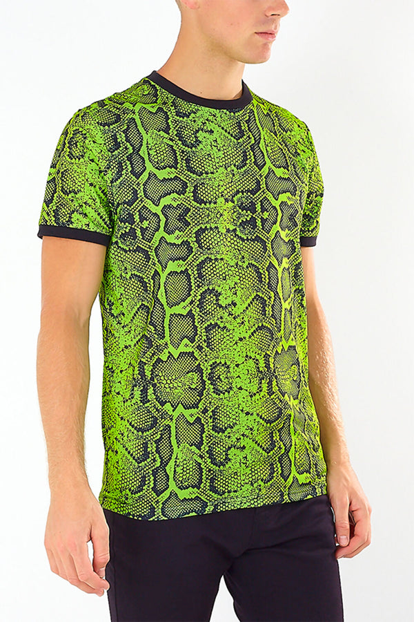 Mens Neon Green Snakeskin Print T-Shirt