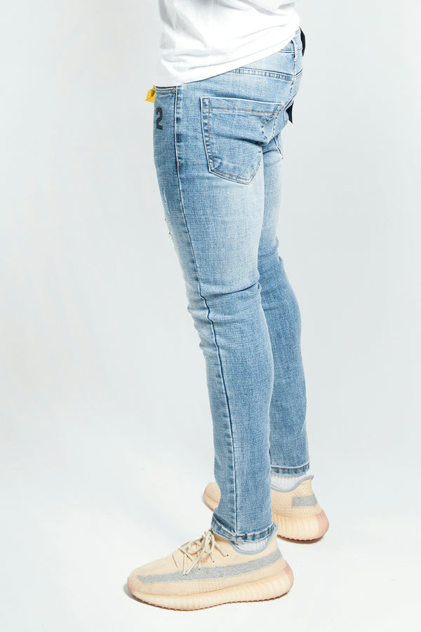 Mens Neon Green and Blue Distressed Slim Jeans
