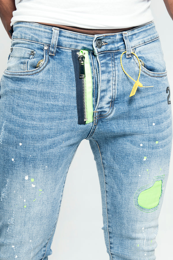 Mens Neon Green and Blue Distressed Slim Jeans