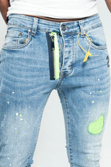 Mens Neon Green and Blue Distressed Slim Jeans