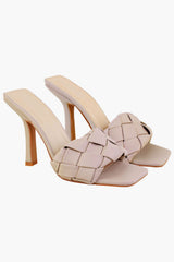 Nude Woven Front Strap Square Toe Heel 