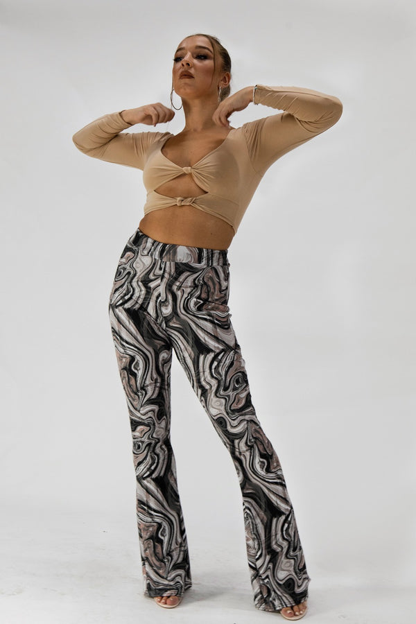 Stone Marble Print Rib Flare Trousers