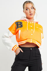 Orange Hooded Contrast Sleeve Letter A Varsity Jacket